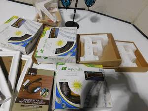 lot 256 image: Rope lights. Letter F battery operated lights, shelf brackets and more