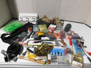 lot 253 image: Tool belts, ugly stick case, hardware, auto parts