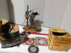 lot 258 image: Drill press, 2 boxes nails,saw blades and truck club w keys