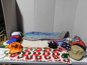 lot 261 image: Caps, lg rugs, Afghan, and table runners