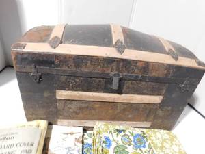 lot 273 image: Vintage Schmit Bros. trunk, upholstrey material and ironing board cover