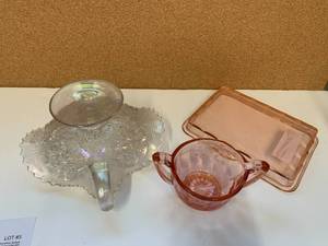 VTG Pink Glass Tray, Creamer, Dish