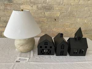 lot 11 image: Desk Lamp and Set of 3 Black Metal Village Te-Light Candle Holders