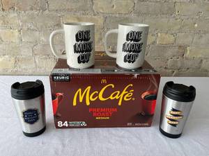 lot 73 image: Box of 84 Mc Cafe Keurig K-Cups with Coffee Mugs