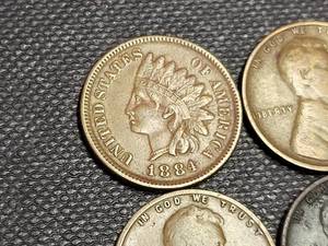 GROUP OF 4 US CENTS 1884 INDIAN VF 1913 1924 1927 WHEATS