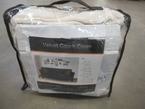lot 610 image: 3 Seat Sofa Velvet Slip Cover in Tan (OPEN)