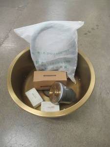 lot 636 image: Round Bar Sink in Gold with Soap Dispenser and Drain