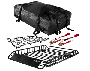 lot 649 image: PINGDIR Rooftop Cargo Carrier Basket 55 X 39 X 6 Universal Roof Rack Cargo Carrier , Waterproof Bag 44x 36x16, Cargo Net with Attachment Hooks, 2 pcs Ratchet Strap