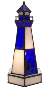 lot 659 image: RIVER OF GOODS Tiffany Style Lighthouse 10.4 Inch High Stained Glass Accent Lamp, Blue