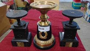 lot 34 image: 3 Vintage Metal and Marble Candleholders
