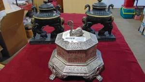 lot 38 image: Covered Swan Bowl and 2 Decorative Covered Bowls