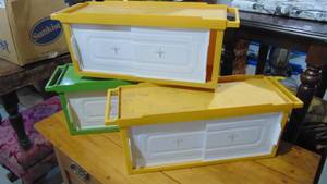 lot 66 image: 3-Vintage Plastic Storage Containers