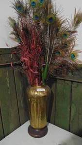 lot 81 image: 19in Brass Vase with Peacock Feather