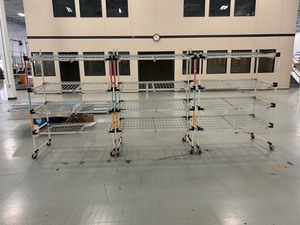 lot 73 image: Lot of 3 - Metal Framed Rolling Shelving Carts