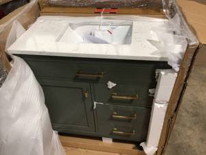 lot 30 image: SUDIO Jasper 36 in. W x 22 in. D Bath Vanity in Vintage Green with Engineered Stone Vanity in Carrara White with White Basin, Customer return, Review all pictures