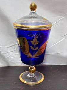 lot 168 image: Cobalt Blue And Gold Glass Vase Compote With Lid