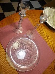 lot 1879 image: Table Dcor - Two Glass Candlesticks, Rose Theme Glass Plate