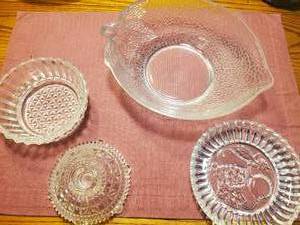 lot 1888 image: Lot of (4) Clear Glass Glassware - Large Serving Bowl, Candy Dish, Candleholder, Serving Plate