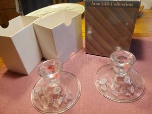 lot 1889 image: Lot of (2) Avon Gift Collection Hummingbird theme Crystal Candlestick Holders (in original packaging)