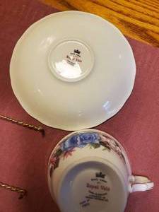 lot 1891 image: Royal Vale Blue Rose theme Bone China Cup and Saucer