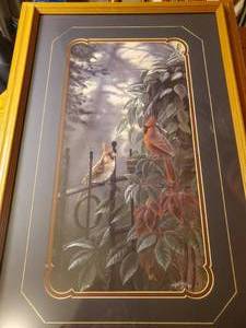 lot 1917A image: Painting - Cardinal Pair In The Garden theme by Kelley circa 1992 , Wood FrameDouble Ornate-Cut MatteGlass