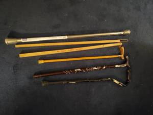lot 1918 image: (3) Walking Canes, Shower Curtain Rod, Wooden Two Piece Ruler