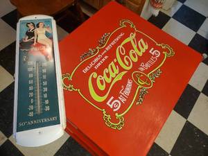 lot 1927 image: Lot of  Coca-Cola Collectibles - 50th Anniversary Wall Thermometer and a 3-tier Serving Cart