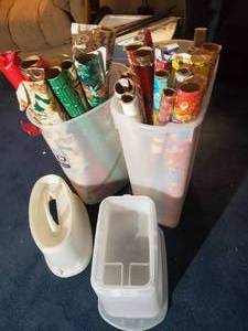 lot 1824 image: Lot of (2 Plastic Storage Bins) Assorted Wrapping Paper