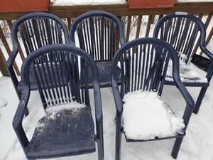 lot 1840 image: Lot of (5) Blue Plastic Patio Chairs
