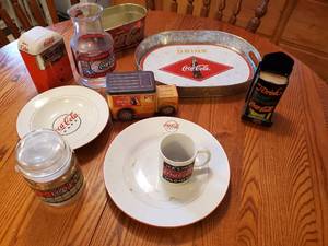 lot 1942 image: Lot of  Collectibles - Metal Serving Tray, Plates, Vase, Tins, Storage Jar, Coffee Mug, Misc. Table Dcor