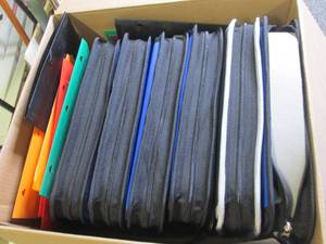 box of 3-ring zippered binders and ...