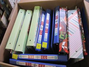 box of 3-ring binders and file fold...