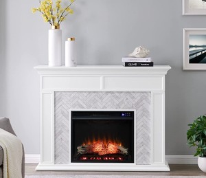 lot 18 image: SEI Furniture New White Torlington Electric Fireplace with Gray Marble Tiling