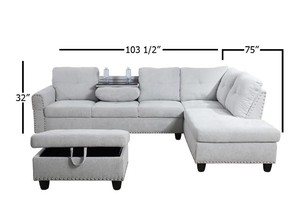 lot 28 image: Star Home Living 6-Seater Round Arm 3-Piece Fabric L-Shaped Sectional Sofa in Gray with Ottoman