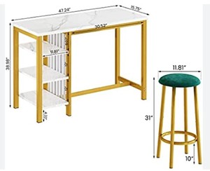 lot 38 image: AWQM 3-Piece Modern Faux Marble Bar Table with Storage Shelves and Stool Set