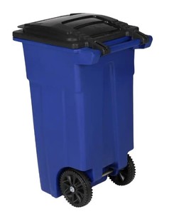 lot 45 image: Toter 32 Gal. Blue Trash Can with Wheels and Attached Lid