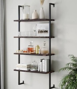 lot 73 image: Nathan James Theo Nutmeg Brown 4-Shelf Wood 64 in. Black Pipe Metal Frame Floating Wall Mount Shelves Bookcase