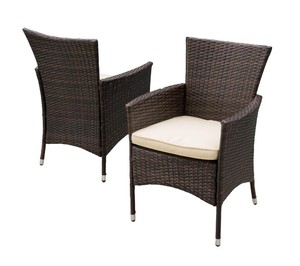 lot 72 image: Nobel House Multi-Brown 7-Piece Iron Rectangular Outdoor Dining Set with Acacia Wood Slat Table and Brown Wicker Chairs with Beige Cushions