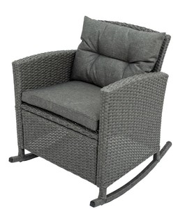lot 93 image: 3 Piece Patio Furniture Set - Gray Wicker Rattan Outdoor Rocking Chairs with Gray Cushions and Tempered Glass-Top Table