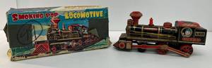 Antique Smoking Pop Locomotive Battery Operated Tin Litho Train In Original Box (Broken Parts And Rust Present)