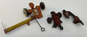 Vintage Marx Brand Tin Litho Mechanical Mower (Works) And 1930s Rubber Farm Implement Toys (Missing Wheel On Plow)