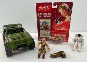 Group Of Misc. Vintage Toys Including Army Jeep, Johnny Lightning Coca Cola Calendar Girl Series NIB And More