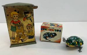 Vintage 1960 - 70s German Made Tin Litho Bank And Wind up Jumping Frog Made In China MS082 (Works).