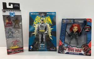 Group Of Misc. Superhero Characters Including Batman Bendable, Black Widow And DC Nano Metalfigs  NIB