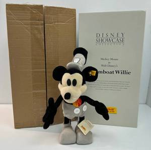 1999 Steiff Steamboat Willie Mickey Mouse EAN 651472 With Tags And Top Part Of Box (NO BASE OF BOX OR WHEEL)