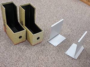 lot 769 image: Bookshelf Organizers - Magazine Catalog Boxes (x2), White Metal Bookends (x2)