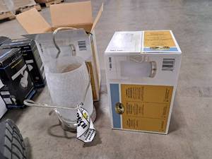 lot 820 image: Lot of (2) Hampton Bay Brushed NickelFrosted Crackle Glass Shade Uplight Accent Lamps (in box)