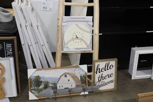 lot 514 image: Lot of (5) Home Dcor - Framed Farmhouse Wall Dcor, Arrow Wall-Mount Coat Rack, Hello There Handsome Framed Wall Dcor, Baseball Wall Clock, Ladder Dcor