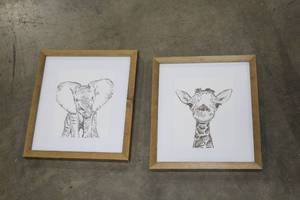 lot 575 image: Lot of (2) Elephant and Giraffe theme Framed Paintings