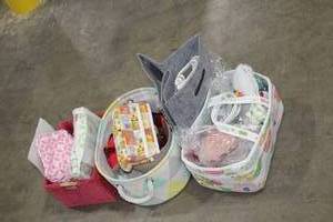 lot 582 image: Baby Divider and (3) Totes with Misc. Baby Items Included